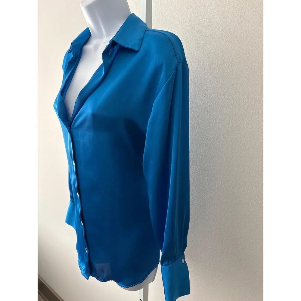 Zara Button Down Blouse Size XSmall Cobalt Blue Satin Corporate Core Polished - Picture 15 of 16